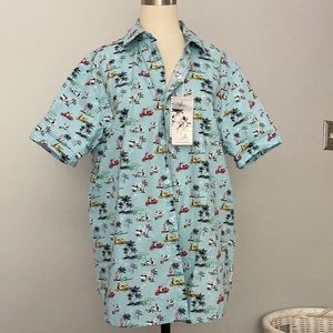 Mens Cactus Man short sleeve shirt. Light blue with Vespa print. Size L